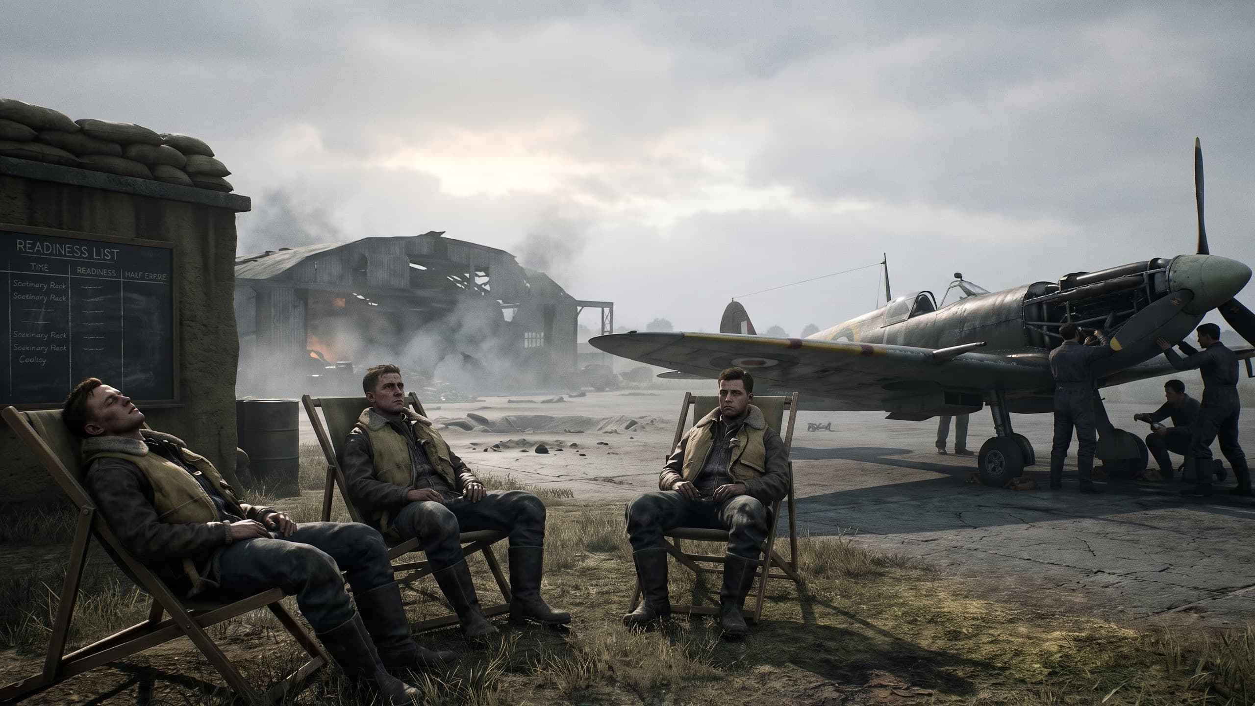 Exhausted RAF fighter pilots waiting at dispersal beside a bomb-damaged airfield during the Battle of Britain, August 1940