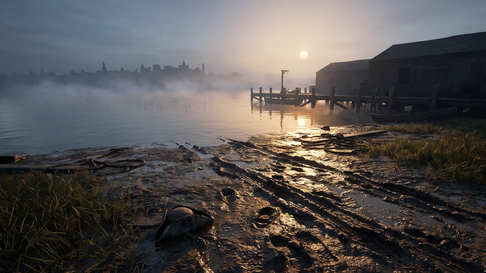 The empty Brooklyn ferry landing at dawn on August 30, 1776, after Washington's army vanished across the East River