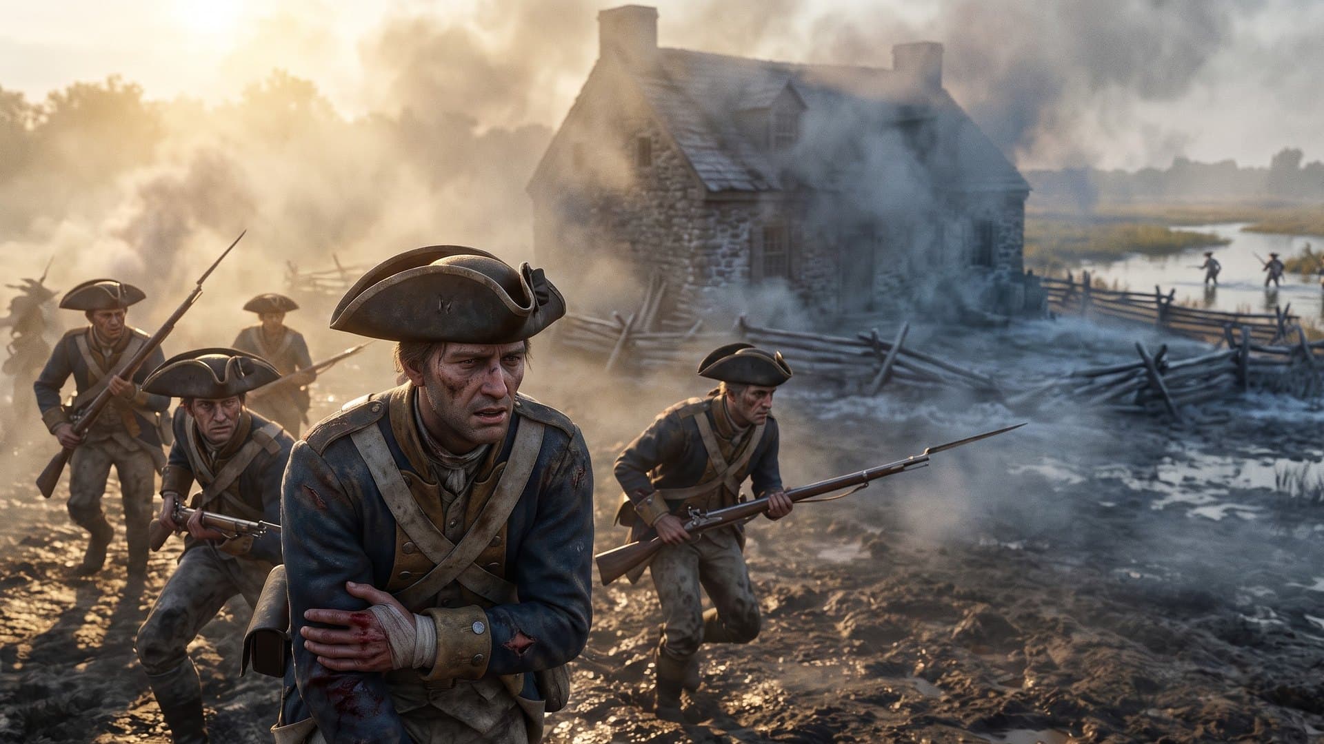 Maryland Continental soldiers advancing on the Vechte-Cortelyou stone house during the Battle of Brooklyn, August 27, 1776