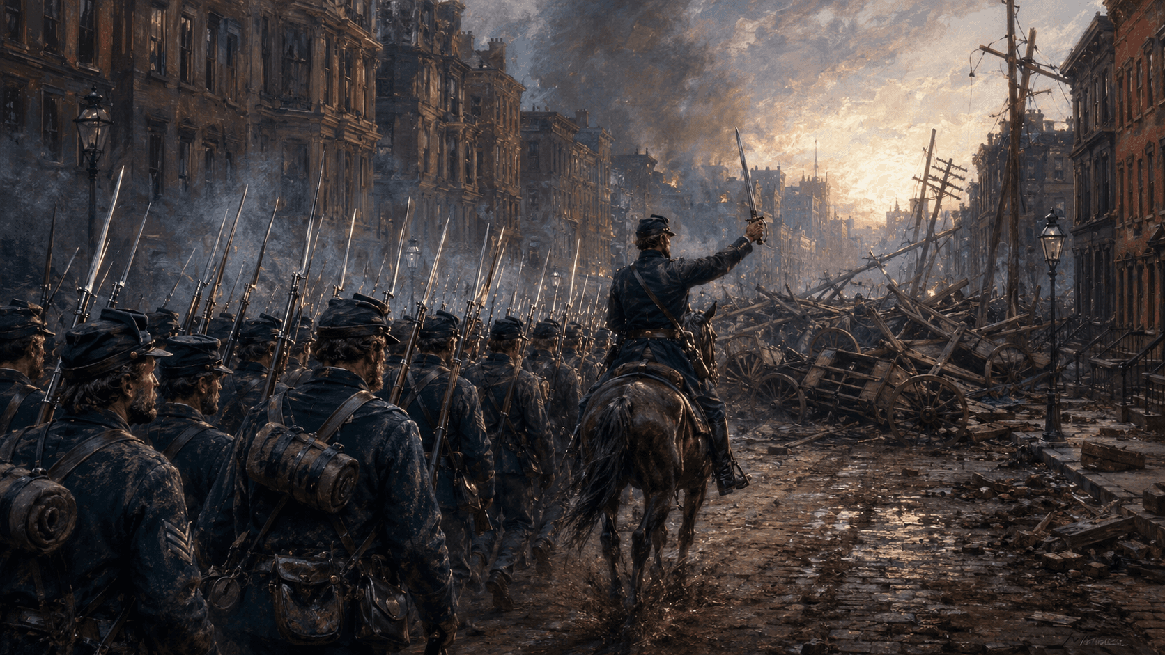 Union troops marching with fixed bayonets through a devastated street during the Civil War draft riots