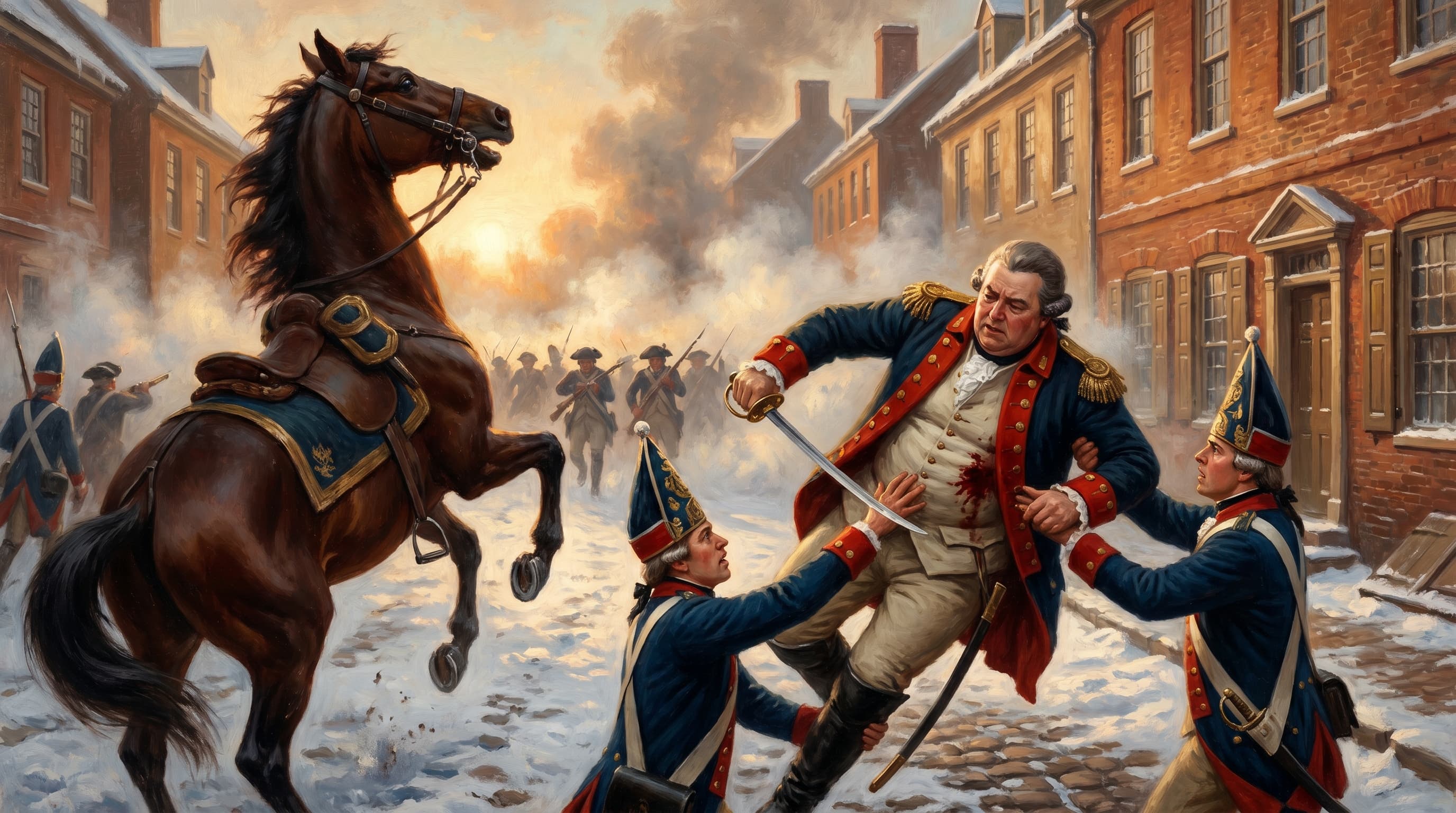 Colonel Johann Rall struck by two musket balls on a Trenton street