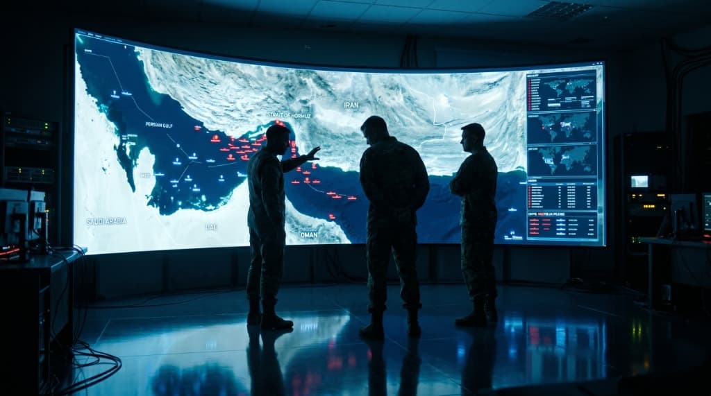 A U.S. military command center tracks Iranian naval movements across the Gulf of Oman