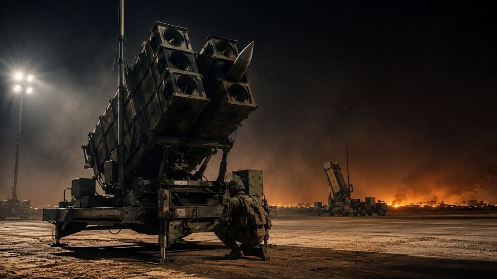 An empty Patriot missile battery on a desert airfield illustrates the interceptor shortage now undermining allied air defenses