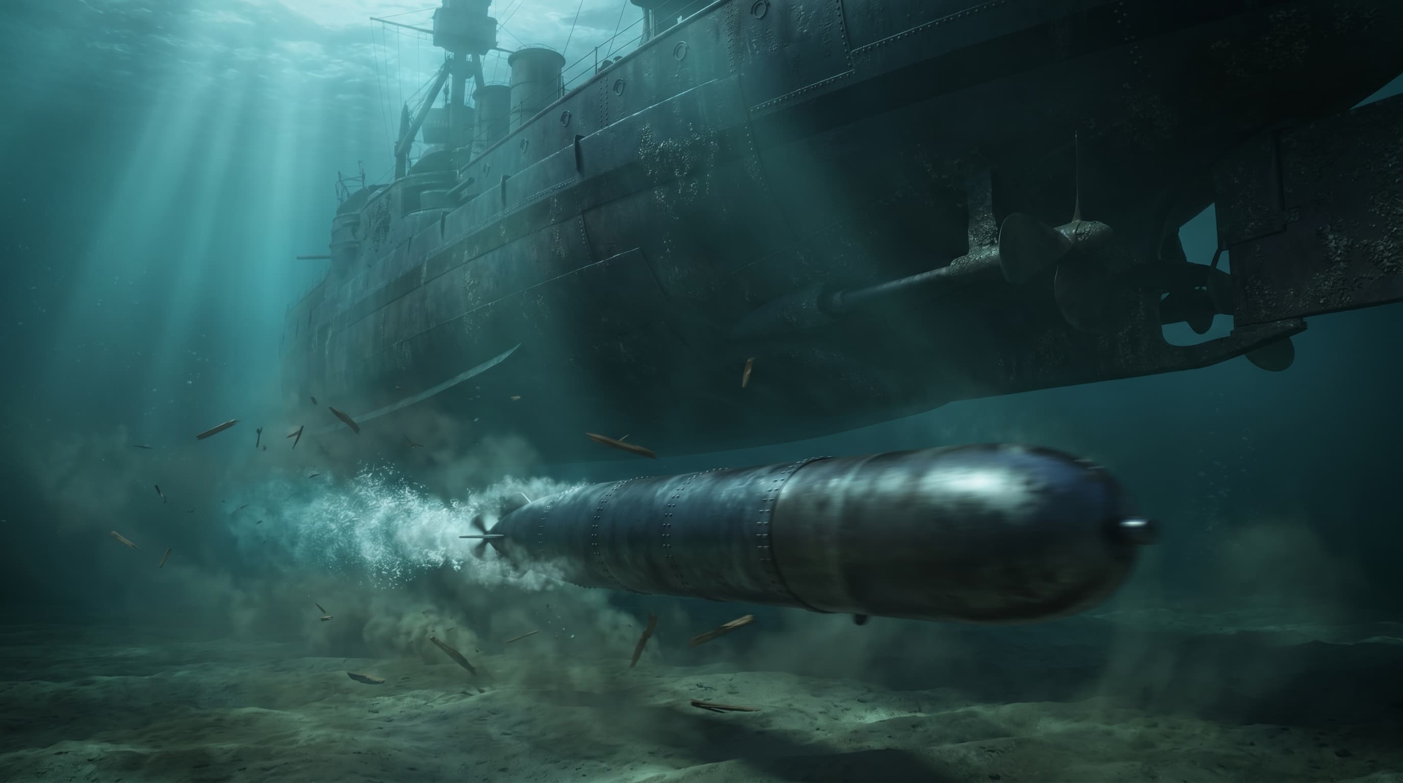 A Japanese Kate bomber's modified Type 91 torpedo running through the shallow waters of Pearl Harbor