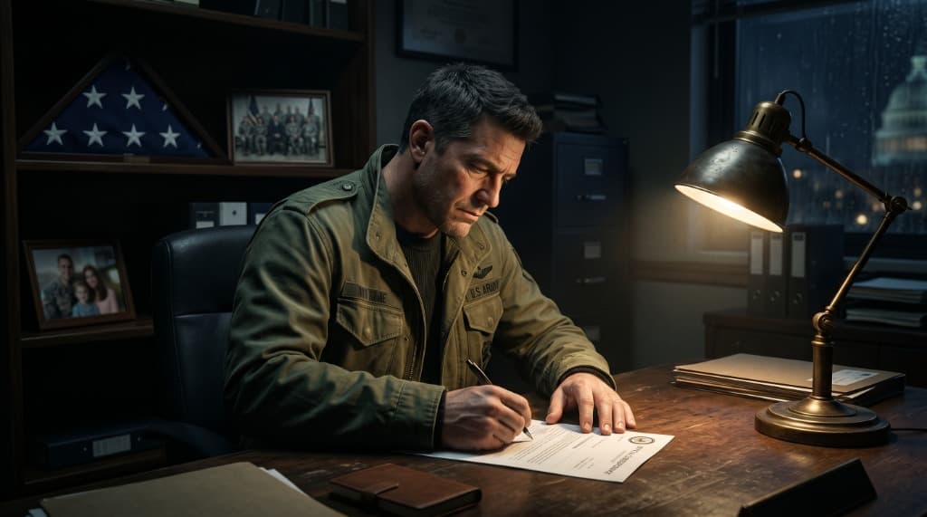 A figure in an olive green military jacket writes alone by lamplight, composing the open letter to end four years of war